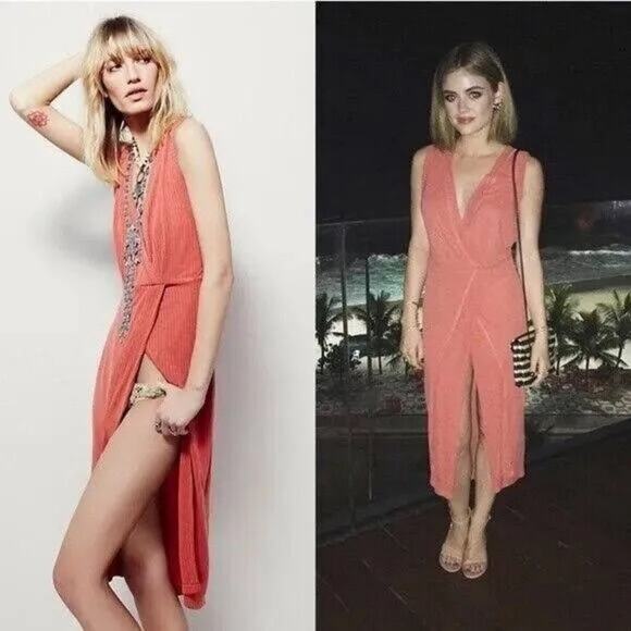 Free People Rising Sun Terracotta Ribbed Wrap Midi Dress Sz Large - Picture 2 of 8